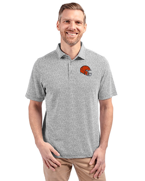 Cleveland Browns Helmet Cutter & Buck Virtue Eco Pique Botanical Print Recycled Mens Polo Black Front
