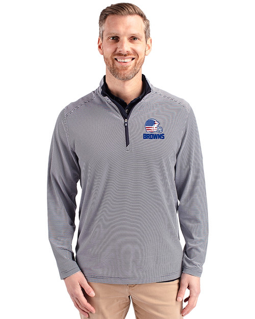 Cleveland Browns Americana Cutter & Buck Virtue Recycled Micro Stripe Featherlight Pique Mens Quarter Zip Pullover Navy Blue/White Front