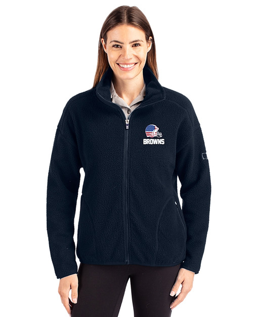 Cleveland Browns Americana Cutter & Buck Cascade Epic Comfort Recycled Sherpa Fleece Womens Full Zip Jacket Navy Blue Front