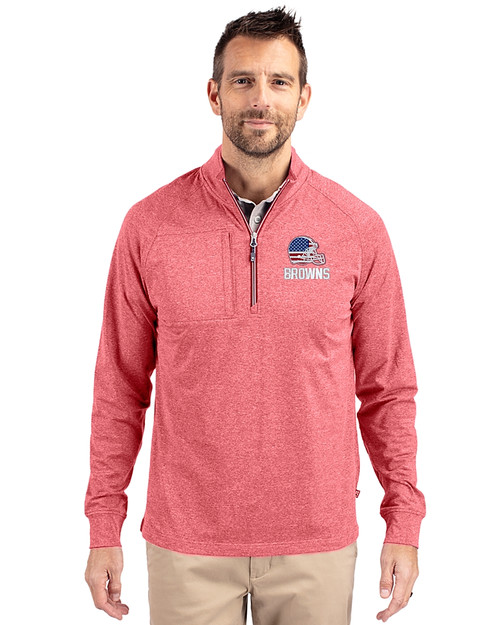 Cleveland Browns Americana Cutter & Buck Adapt Eco Knit Heather Mens Quarter Zip Pullover Cardinal Red Heather Front