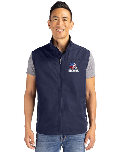Cleveland Browns Americana Cutter & Buck Charter Recycled Packable Mens Big & Tall Full Zip Vest Navy Blue Front