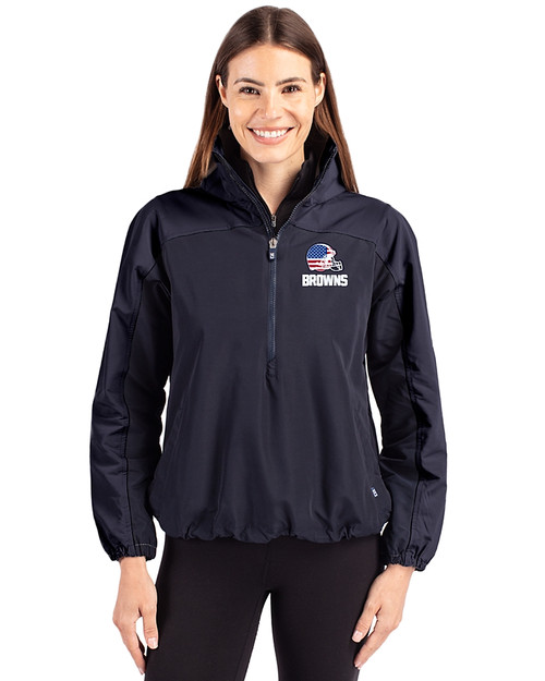 Cleveland Browns Americana Cutter & Buck Charter Recycled Packable Womens Half Zip Anorak Jacket Navy Blue Front