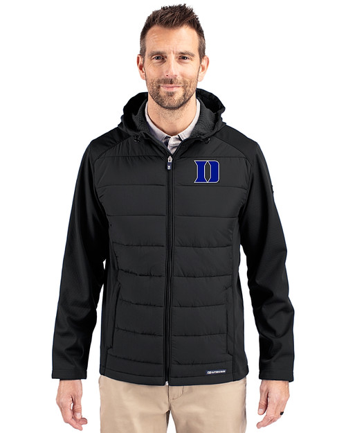 Duke Blue Devils Cutter & Buck Evoke Hybrid Softshell Recycled Full Zip Mens Hooded Jacket Black Front