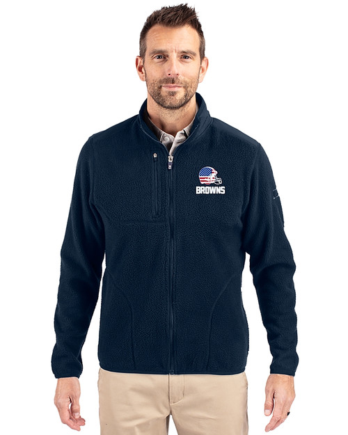 Cleveland Browns Americana Cutter & Buck Cascade Epic Comfort Recycled Sherpa Fleece Mens Big & Tall Full Zip Jacket Navy Blue Front