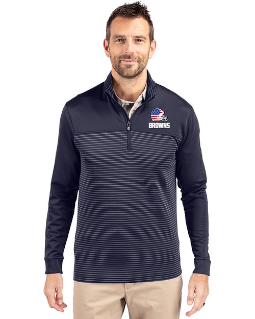 Cleveland Browns Americana Cutter & Buck Traverse Recycled Smooth Stretch Mens Big & Tall Stripe Quarter Zip Pullover Liberty Navy Front