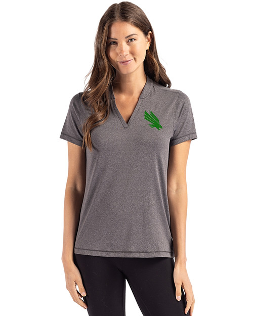 North Texas Mean Green Cutter & Buck Forge Recycled Four-Way Stretch Heathered Womens Blade Top Dark Black Heather Front
