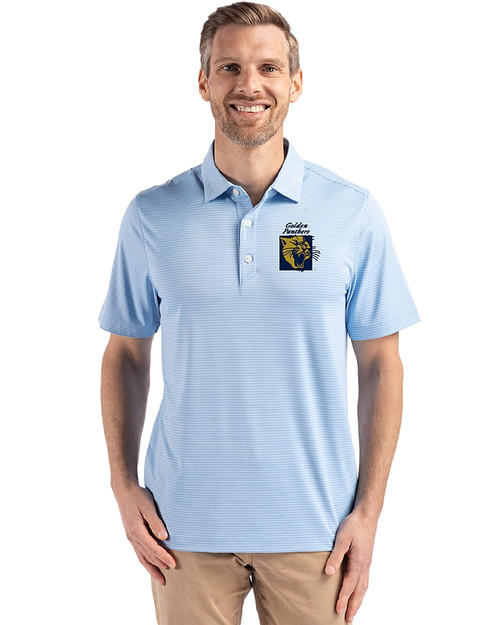 FIU Panthers College Vault Cutter & Buck Forge Epic Confidence Fine Line Stripe Stretch Recycled Mens Polo Atlas/White Front