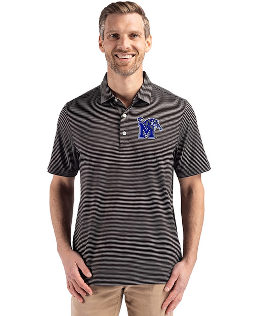 Memphis Tigers Cutter & Buck Forge Epic Confidence Fine Line Stripe Stretch Recycled Mens Polo Black/White Front