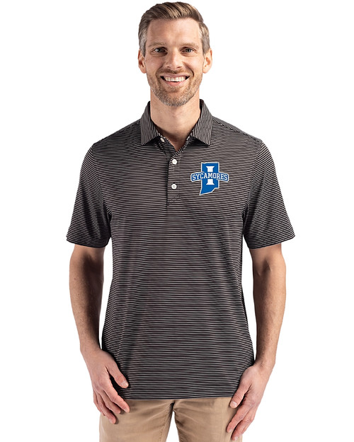 Indiana State Sycamores Cutter & Buck Forge Epic Confidence Fine Line Stripe Stretch Recycled Mens Polo Black/White Front
