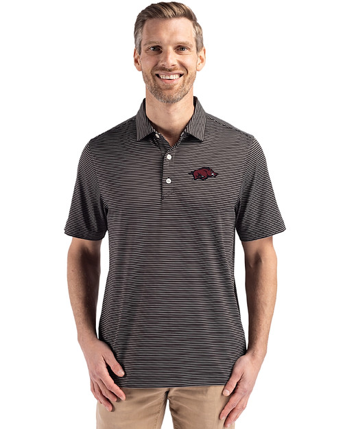 Arkansas Razorbacks Cutter & Buck Forge Epic Confidence Fine Line Stripe Stretch Recycled Mens Polo Black/White Front