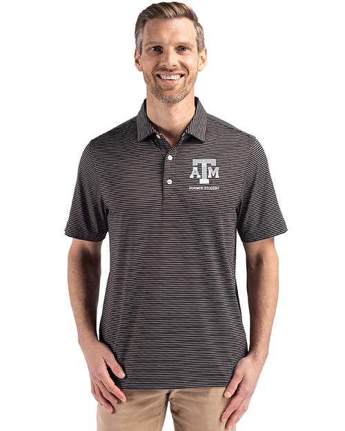 Texas A&M Aggies Alumni Cutter & Buck Forge Epic Confidence Fine Line Stripe Stretch Recycled Mens Polo Black/White Front