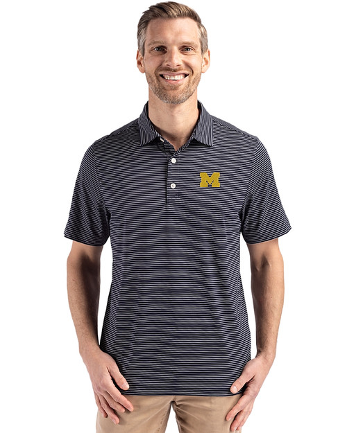 Michigan Wolverines Cutter & Buck Forge Recycled Fine Line Stripe Four-Way Stretch Mens Polo Navy Blue/White Front