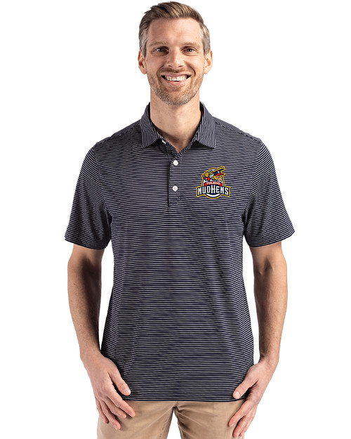Toledo Mud Hens Cutter & Buck Forge Epic Confidence Fine Line Stripe Stretch Recycled Mens Polo Navy Blue/White Front