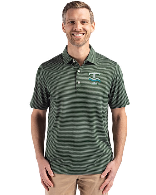 Tulane Green Wave College Vault Cutter & Buck Forge Epic Confidence Fine Line Stripe Stretch Recycled Mens Polo Hunter/White Front