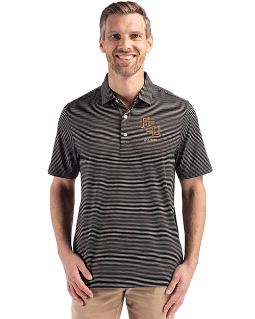 Florida State Seminoles Alumni Cutter & Buck Forge Epic Confidence Fine Line Stripe Stretch Recycled Mens Polo Black/White Front