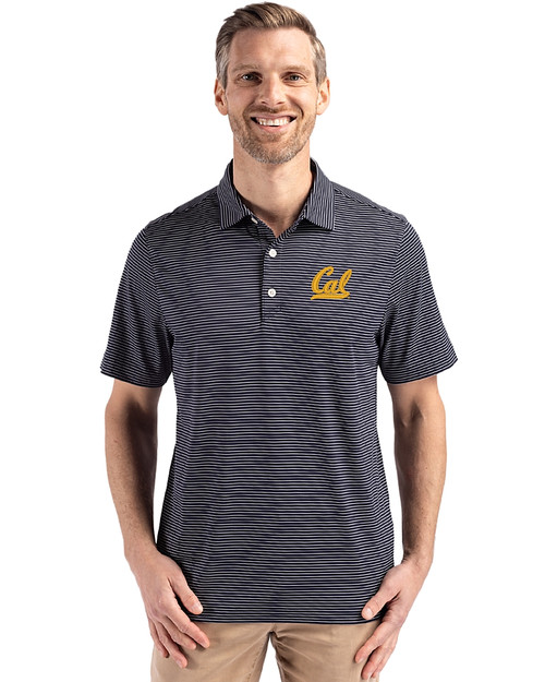 Cal Golden Bears Cutter & Buck Forge Epic Confidence Fine Line Stripe Stretch Recycled Mens Polo Navy Blue/White Front
