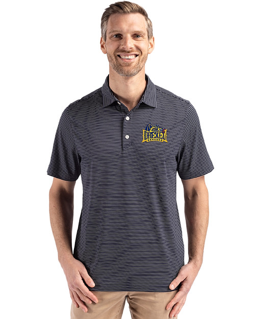 Drexel Dragons Cutter & Buck Forge Epic Confidence Fine Line Stripe Stretch Recycled Mens Polo Navy Blue/White Front