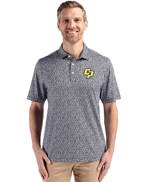 Cal Poly Mustangs Cutter & Buck Pike Eco Flora Print Recycled Mens Big & Tall Polo Black Front