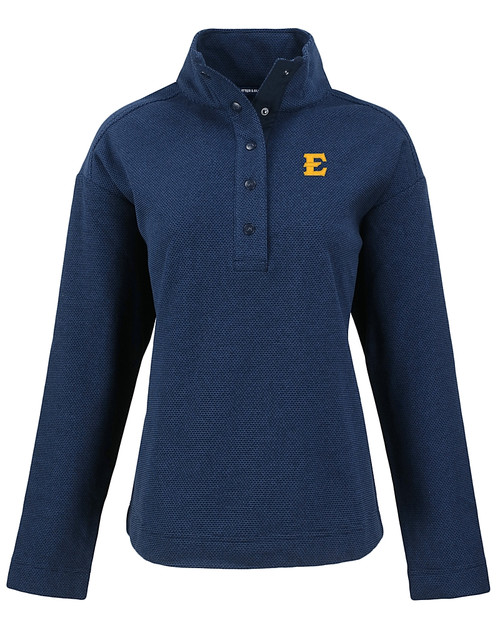 ETSU Buccaneers Cutter & Buck Hunts Point Eco Textured Fleece Recycled Womens Snap Pullover NVBU_MANN_HG 
