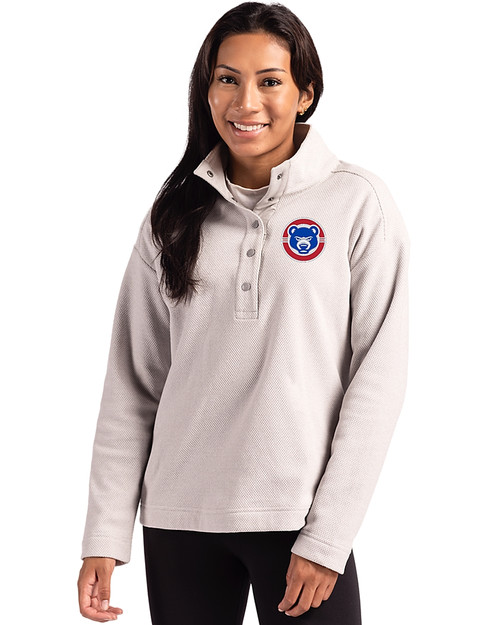 South Bend Cubs Cutter & Buck Hunts Point Eco Textured Fleece Recycled Womens Snap Pullover Polished Medium Gray Front