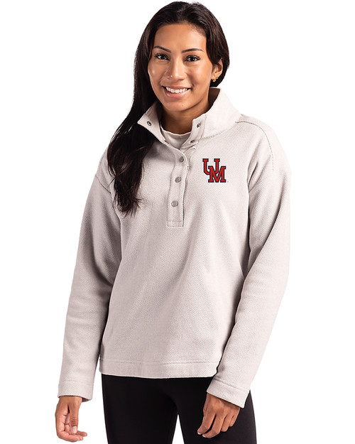 Ole Miss Rebels College Vault Cutter & Buck Hunts Point Eco Textured Fleece Recycled Womens Snap Pullover Polished Medium Gray Front