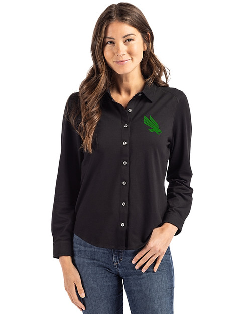 North Texas Mean Green Cutter & Buck Advantage Tri-Blend Eco Soft Pique Long Sleeve Knitted Womens Button Up Black Front