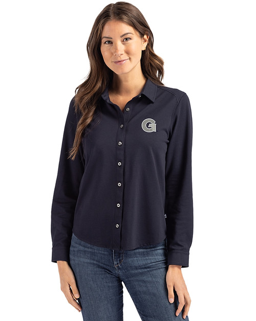 Georgetown Hoyas Cutter & Buck Advantage Tri-Blend Eco Soft Pique Long Sleeve Knitted Womens Button Up Liberty Navy Front
