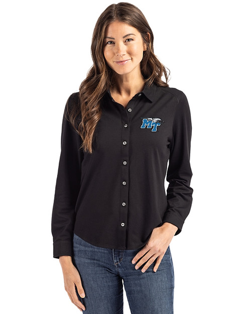 Middle Tennessee Blue Raiders Cutter & Buck Advantage Tri-Blend Eco Soft Pique Long Sleeve Knitted Womens Button Up Black Front