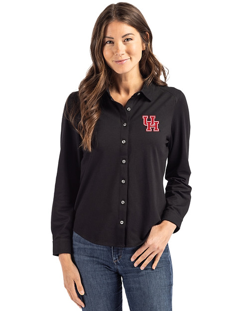 Houston Cougars Cutter & Buck Advantage Tri-Blend Eco Soft Pique Long Sleeve Knitted Womens Button Up Black Front