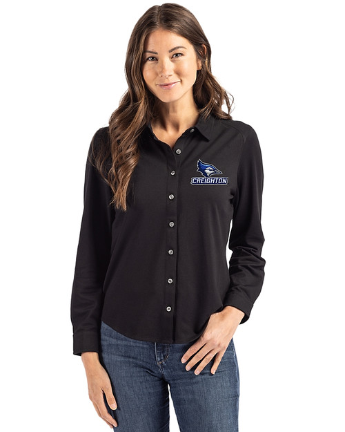 Creighton Bluejays Cutter & Buck Advantage Tri-Blend Eco Soft Pique Long Sleeve Knitted Womens Button Up Black Front