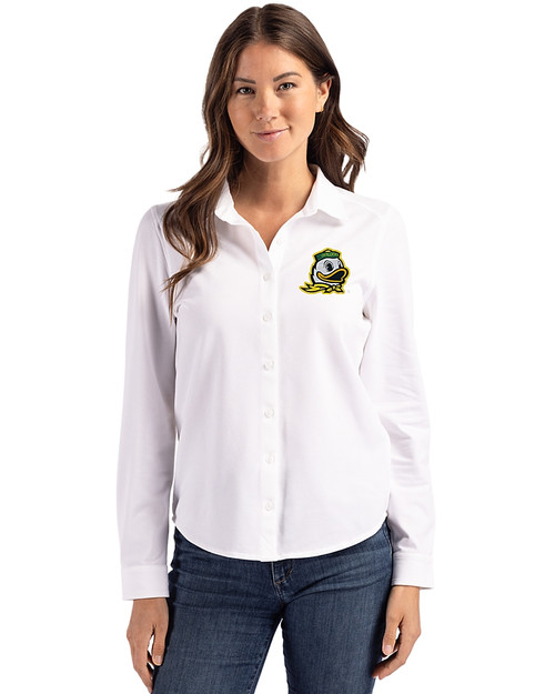 Oregon Ducks Cutter & Buck Advantage Tri-Blend Eco Soft Pique Long Sleeve Knitted Womens Button Up WH_PRO_HG 