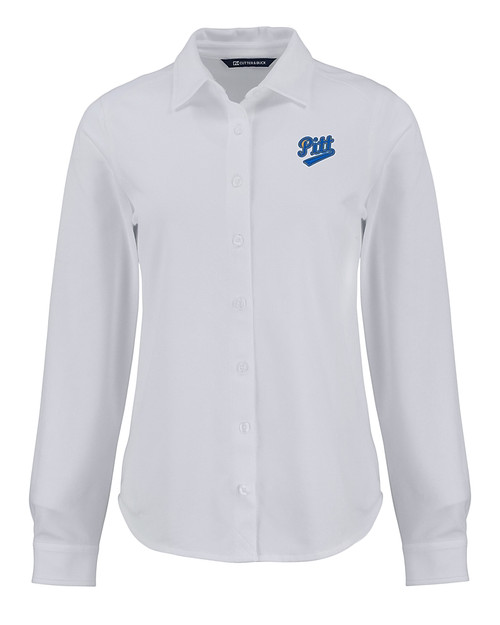 Pitt Panthers College Vault Cutter & Buck Advantage Tri-Blend Eco Soft Pique Long Sleeve Knitted Womens Button Up WH_MANN_HG 