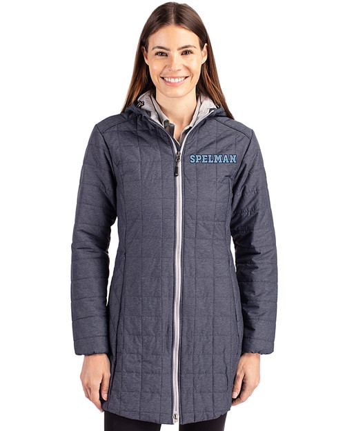 Spelman College Jaguars Cutter & Buck Rainier PrimaLoft®  Womens Eco Insulated Hooded Long Coat Anthracite Melange Front