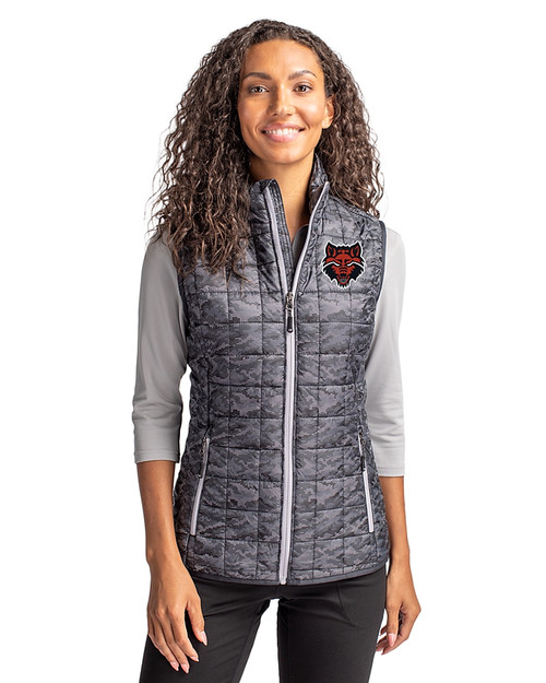 Arkansas State Red Wolves Cutter & Buck Rainier PrimaLoft® Womens Eco Insulated Full Zip Printed Puffer Vest Black Front