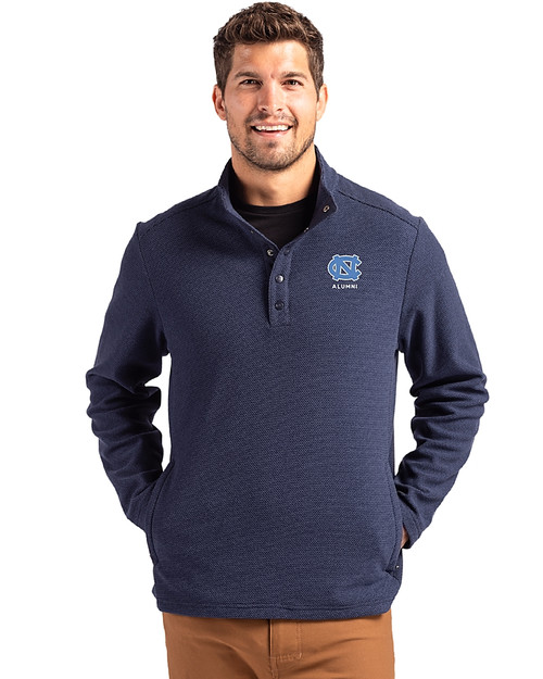 North Carolina Tar Heels Alumni Cutter & Buck Hunts Point Eco Textured Fleece Recycled Mens Snap Pullover Navy Blue Front