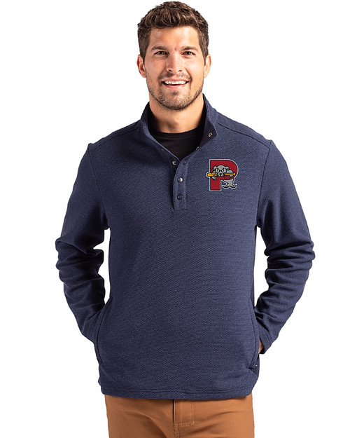 Portland Sea Dogs Cutter & Buck Hunts Point Eco Textured Fleece Recycled Mens Snap Pullover Navy Blue Front