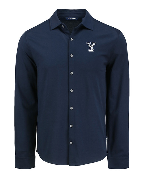 Yale Bulldogs Cutter & Buck Advantage Tri-Blend Eco Soft Pique Long Sleeve Knitted Mens Button Up LYN_MANN_HG 