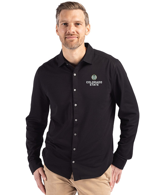 Colorado State Rams Cutter & Buck Advantage Tri-Blend Eco Soft Pique Long Sleeve Knitted Mens Button Up Black Front