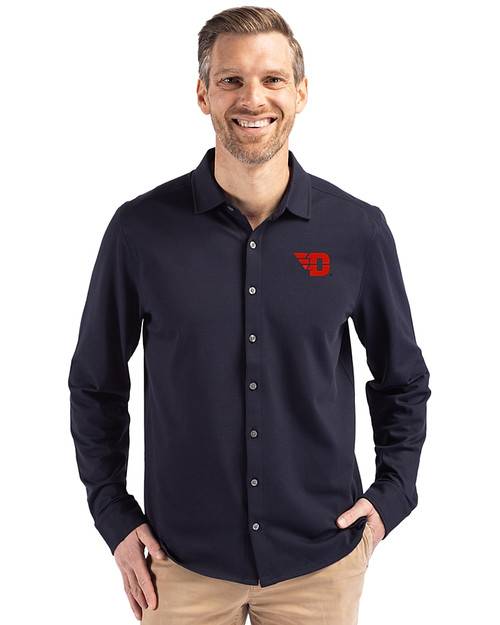 Dayton Flyers Cutter & Buck Advantage Tri-Blend Eco Soft Pique Long Sleeve Knitted Mens Button Up Liberty Navy Front