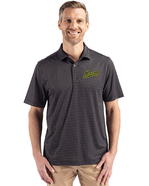 George Mason Patriots College Vault Cutter & Buck Pike Eco Shadow Check Print Recycled Mens Polo Black Front