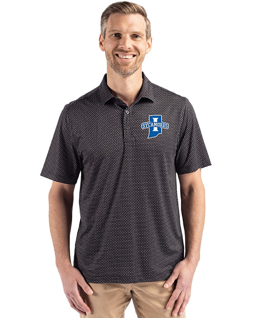 Indiana State Sycamores Cutter & Buck Pike Eco Shadow Check Print Recycled Mens Polo Black Front