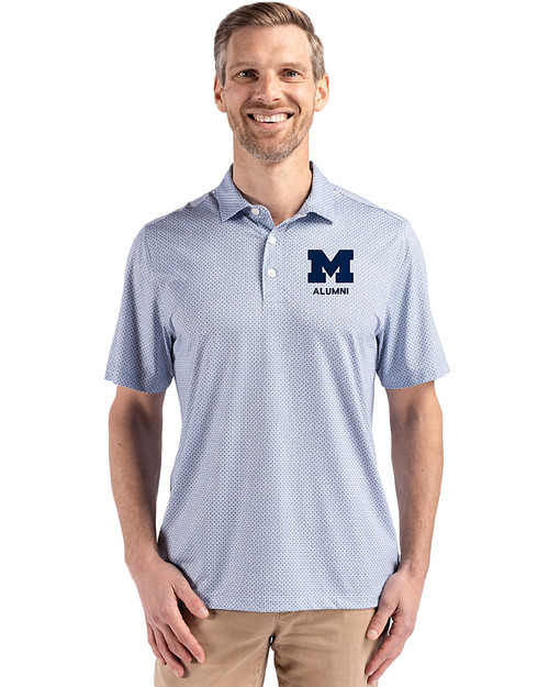 Michigan Wolverines Alumni Cutter & Buck Pike Eco Diamond Dot Print Recycled Mens Polo Navy Blue Front