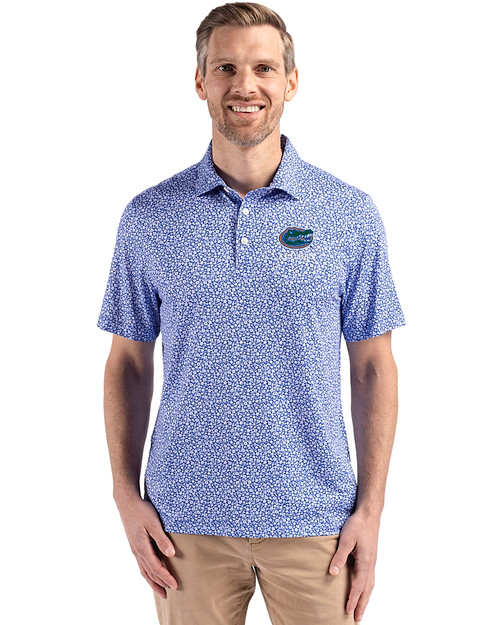 Florida Gators Alumni Cutter & Buck Pike Recycled Flora Print Mens Polo Chelan Blue Front