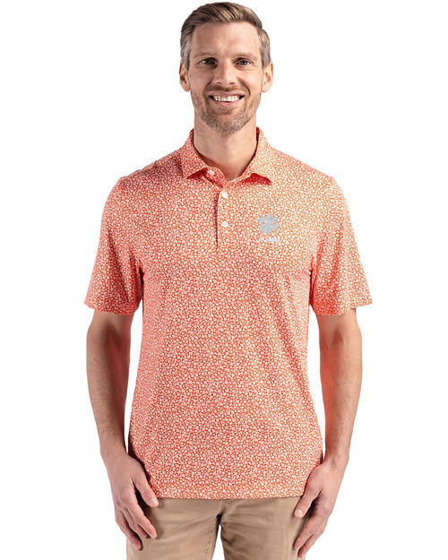 Clemson Tigers Alumni Cutter & Buck Pike Eco Flora Print Recycled Mens Polo College Orange Front