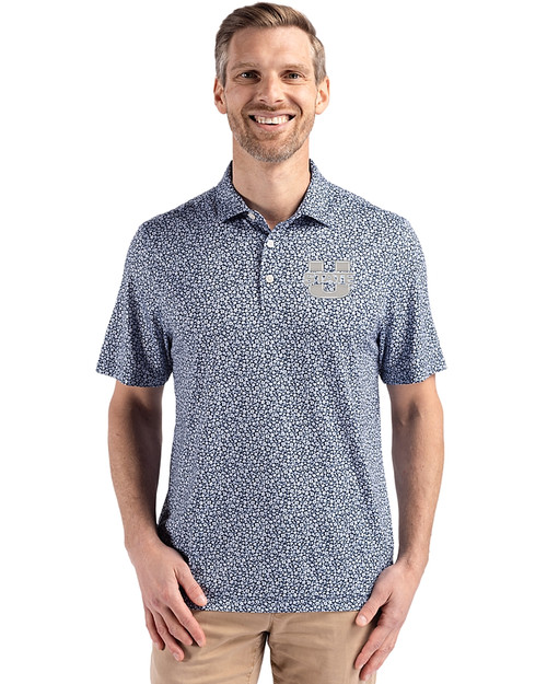 Utah State Aggies Cutter & Buck Pike Eco Flora Print Recycled Mens Polo Navy Blue Front