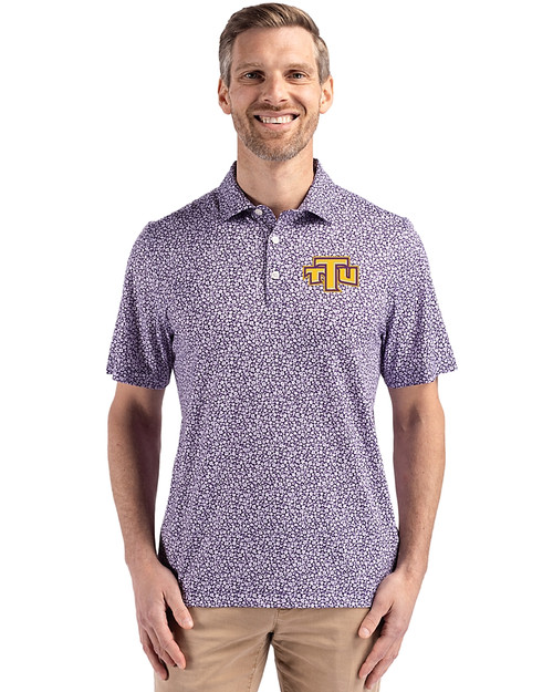 Tennessee Tech Golden Eagles Cutter & Buck Pike Eco Flora Print Recycled Mens Polo College Purple Front