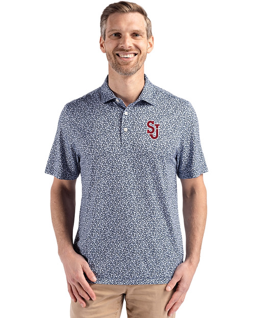 St Johns Red Storm Cutter & Buck Pike Eco Flora Print Recycled Mens Polo Navy Blue Front