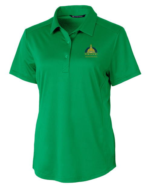 University of Notre Dame: For Good Cutter & Buck Prospect Recycled Featherlight Stretch Womens Polo Kelly Green Mannequin