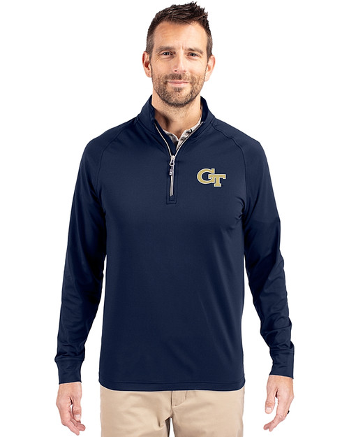 Georgia Tech Yellow Jackets - Cutter & Buck Adapt Eco Knit Stretch Recycled Mens Big and Tall Quarter Zip Pullover Navy Blue Front