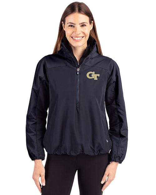 Georgia Tech Yellow Jackets - Cutter & Buck Charter Eco Recycled Womens Anorak Jacket Navy Blue Front